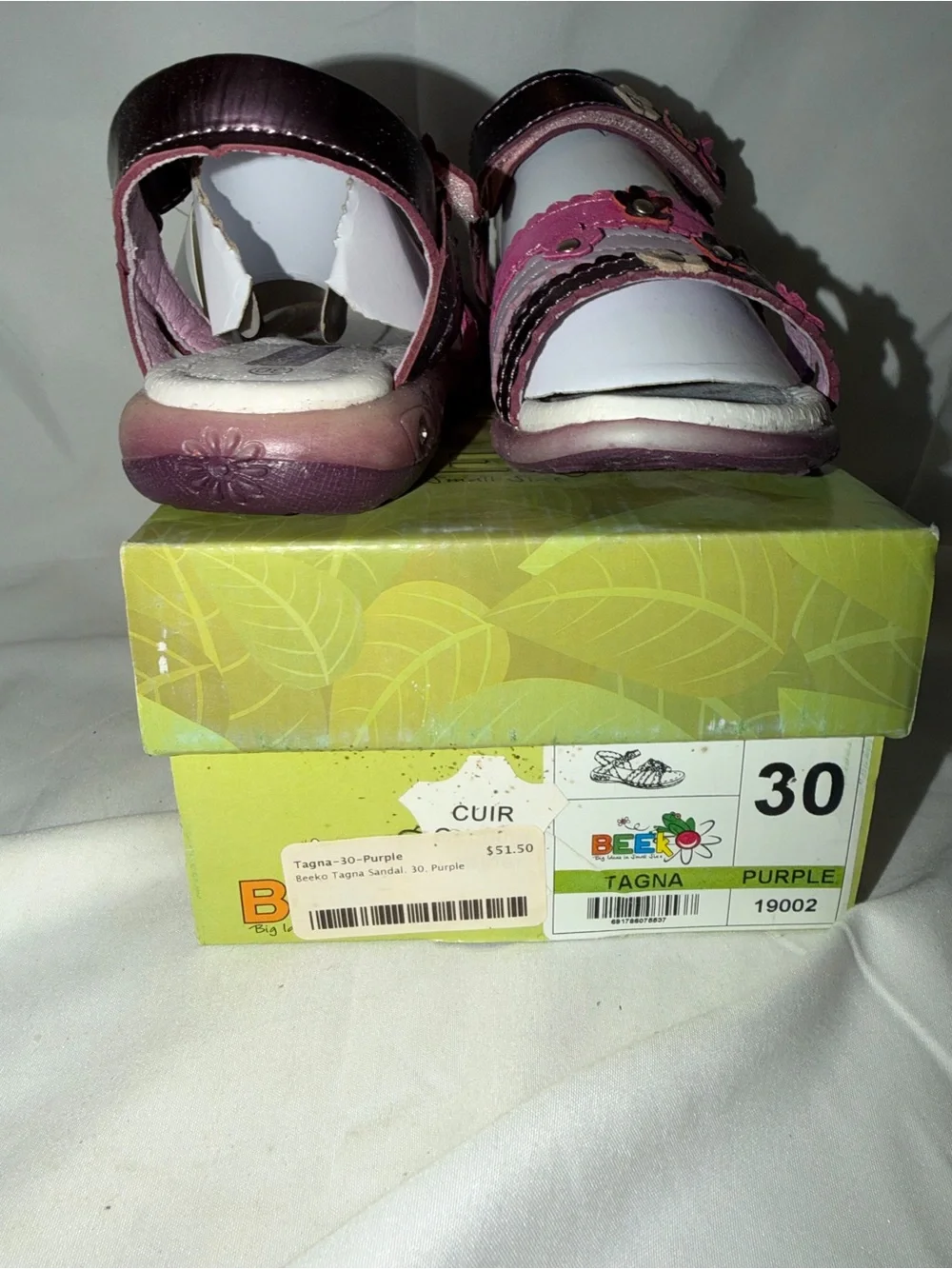 Beeko Tagna Purple Girls Sandal Size 30 Flower Scallop Straps NWT Leather